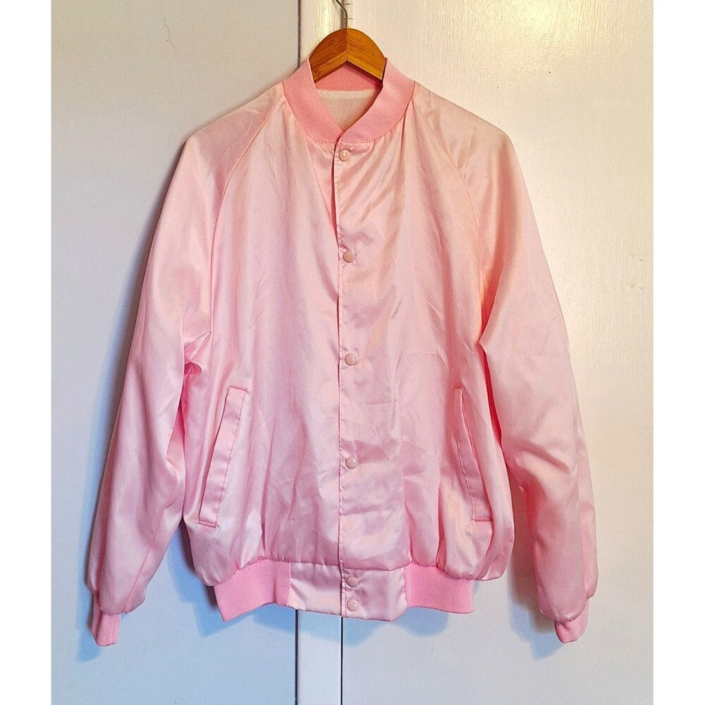Westark USA Women's Vintage Pink Satin Bomber Jacket Snap Front Pockets Size L